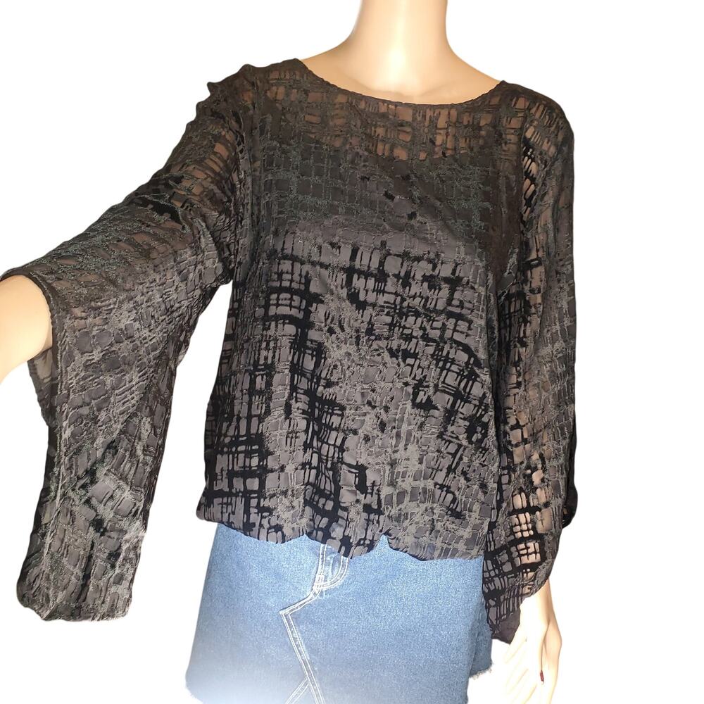 Y2K Alfani Velvet Burnout Bubble Hem Top Attached Cami Black L Witchy Whimsigoth